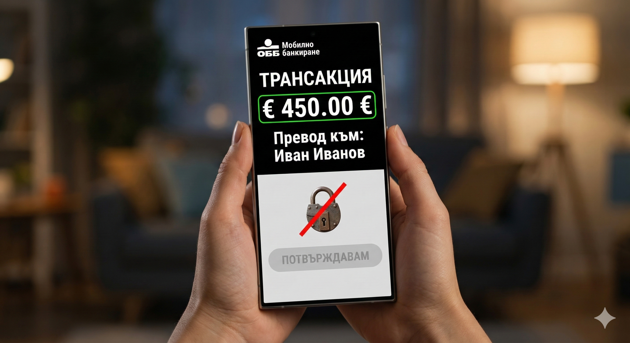 Екран на смартфон с приложение за мобилно банкиране и недостъпен бутон за потвърждение на превод.